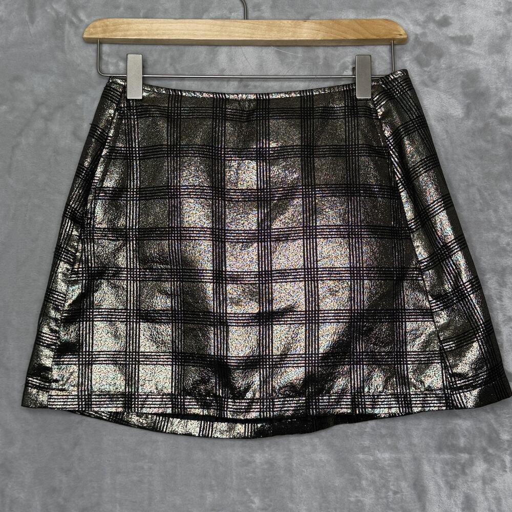 Urban Outfitters Skirt Womens Small Gold Metallic Plaid Mini Pocket Shiny Party